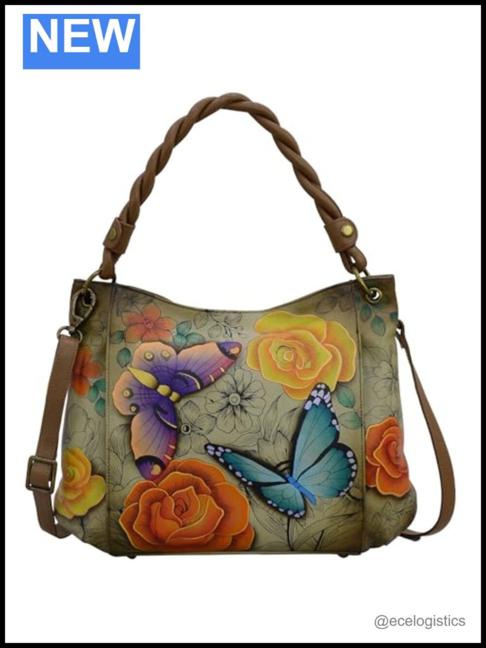 Handmade Leather Slim Shoulder Bag Satchel Purse - Floral Artwork